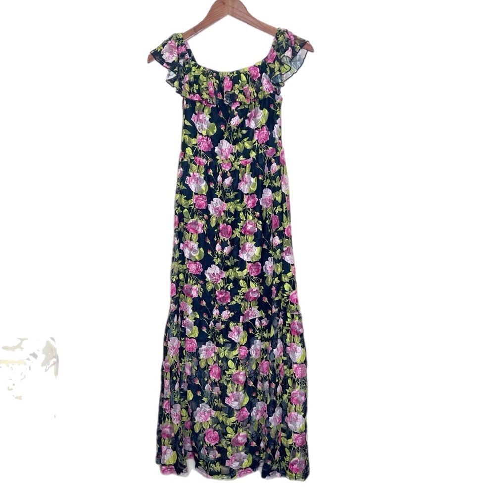Betsey Johnson Ariel Lace Overlay Floral Off Shoulder Maxi Dress - Picture 2 of 5